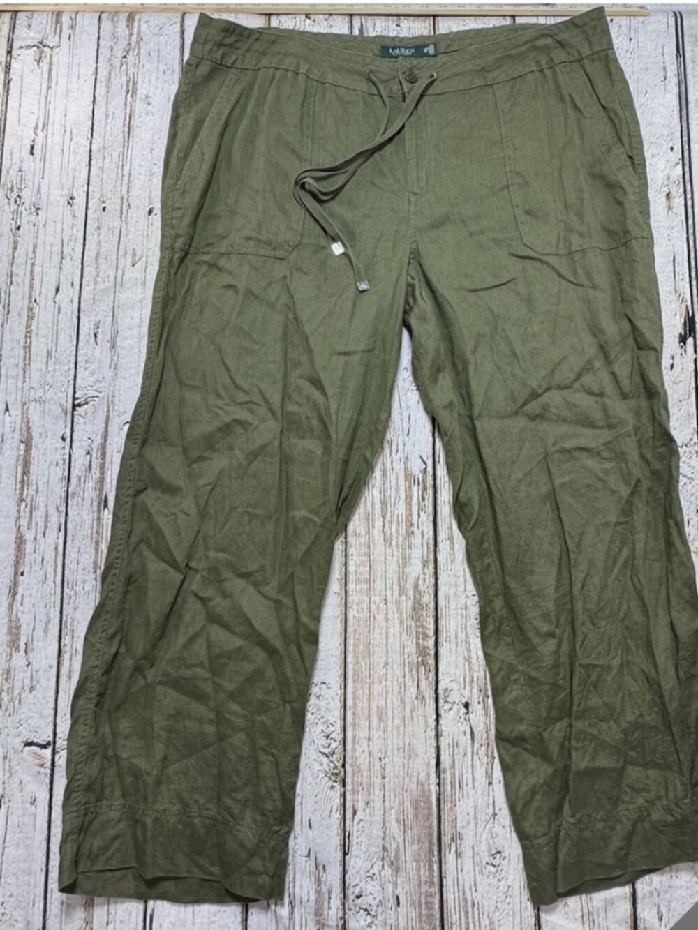 Lauren Ralph Lauren 18W 18+ Olive Green Linen Pants Trousers Drawstring Wide Leg